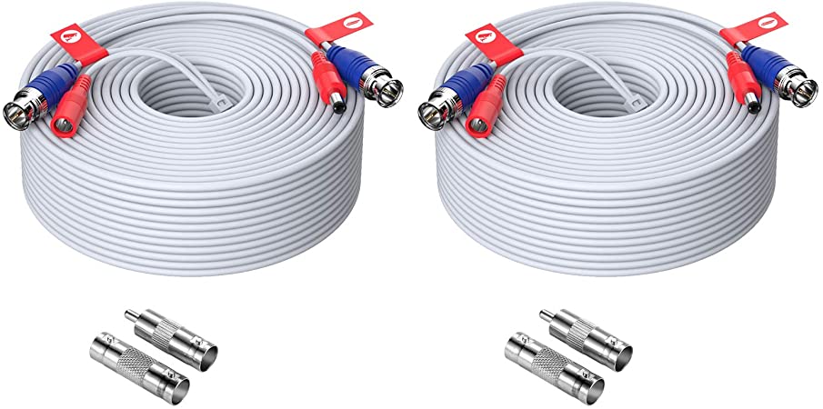 ZOSI 2 Pack 150ft (45 Meters) All-in-One Video Power Cable, BNC Extension Surveillance Camera Cables for Video Security DVR Camera Systems (Included 2X BNC Connectors and 2X RCA Adapters)-White Color