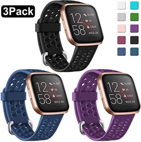 Maledan Compatible with Fitbit Versa 2/Versa Lite/Versa Bands for Women Men, 3 Pack Soft Silicone Replacement Band for Fitbit Versa Smart Watch, Large Black/Navy Blue/Plum