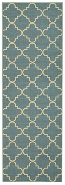 Custom Size Runner Ocean Blue Moroccan Trellis Non-Slip (Non-Skid) Rubber Back Stair Hallway Rug by Feet 26 Inch Wide Select Your Length