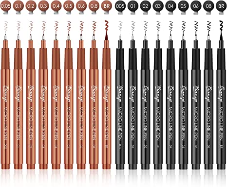 Bianyo Balck Sepia Micro-Pen Fineliner Pens, Water Resistant Archival Ink Pens for Watercolor Paint, Designing by Art Marker, Comics, Lettering, Journals, Illustration, Graphics, Sketching, Set of 18