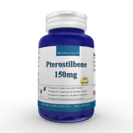 Boostceuticals Pterostilbene Potent 150 mg Stronger than Resveratrol Blood Sugar Cholesterol Anti Aging Support Supplement 180 Pills Caps