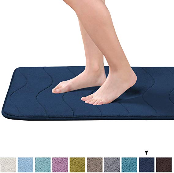 Comfortable Memory Foam Bath Mat Super-Absorbent Bath Rug for Bathroom Soft Microfiber Bath Mat with Anti-Slip Backing Quickly Drying Bath Rug for Kids Bathroom ( 1 Piece, 20" x 32", Navy Waved Pattern)