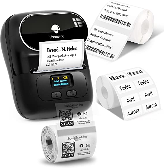 Phomemo M110 Label Printer - Bluetooth Portable Label Maker No Ink, Mini Barcode Label Printer for Retail, Address, Barcode, Home, for PC/Mac, iOS/Android, with 3pack Most Used Labels, Ebony Black