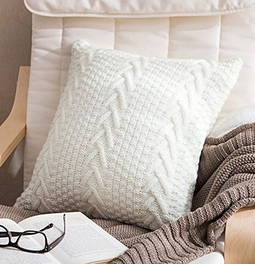 Andyicee 18" x 18" Cozy Knitted Decorative Throw Pillow Cover Square Warm Sweater Pillowcase (Cover Only, White)