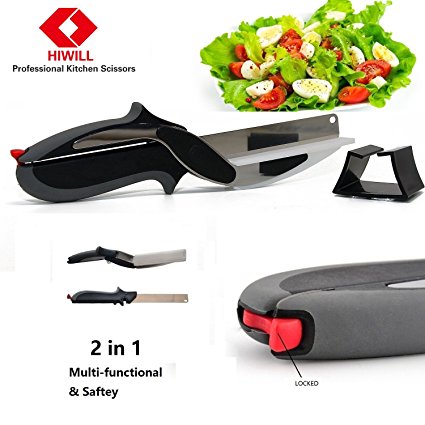 Hiwill 2-in-1 Knife & Cutting Board Kitchen Scissors - Stainless Steel Cutter for Vegetable & Meat