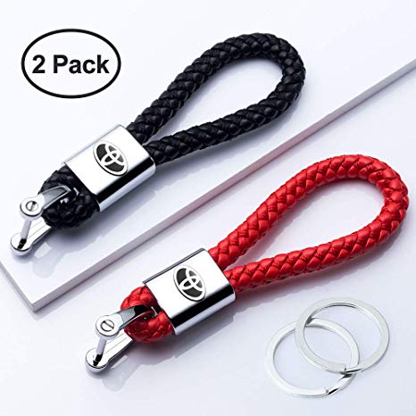 HEY KAULOR 2Pack Genuine Leather Car Logo Keychain Suit for Toyota Hatchback, Avalon, Camry, Prius,Avalon Corolla RAV4 Highlander Key Chain Keyring Family Present for Man and Woman,Black and Red