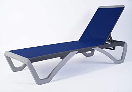 Kozyard Alan Full Flat Alumium Patio Reclinging Adustable Chaise Lounge with Sunbathing Textilence for All Weather, 5 Adjustable Position, Very Light, Anti-Rusty (Blue Textilence W/O Table)