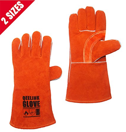 QeeLink Cotton Lined and Kevlar Stitching Leather Welding Gloves, 14-Inch, Orange