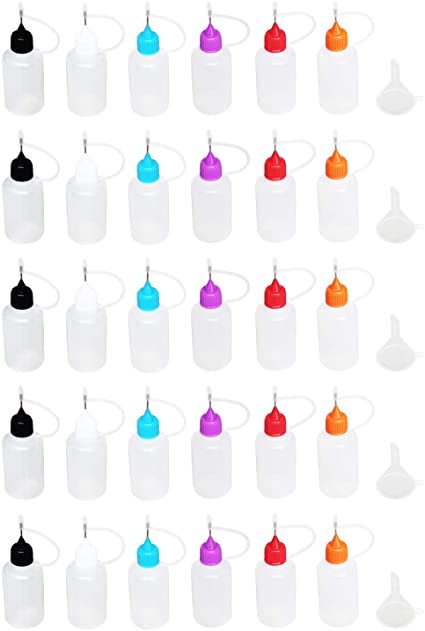30 Pcs Precision Tip Applicator Bottles – 30 Translucent Bottles and 30 Colored Tips, Come with 5 Pcs Mini Funnel for DIY Quilling Craft, Acrylic Painting, 30ml /1 Ounce