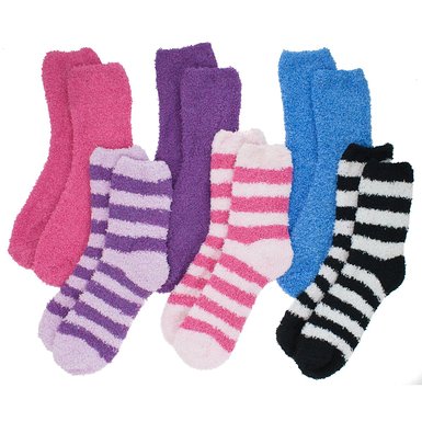 6 Pairs Women's Fuzzy Socks One Size Solid Stripe Crew Soft Stretchy Warm Winter