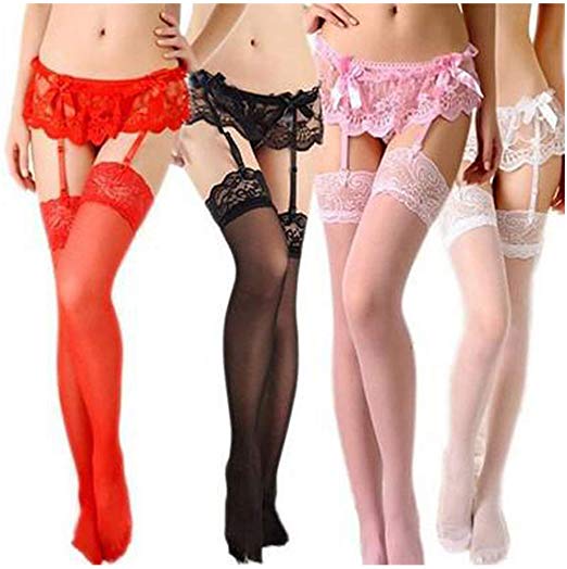Womens Lace Garter Belt with Panties & Thigh High Stockings Sets Sexy Lingerie (4 Pack)