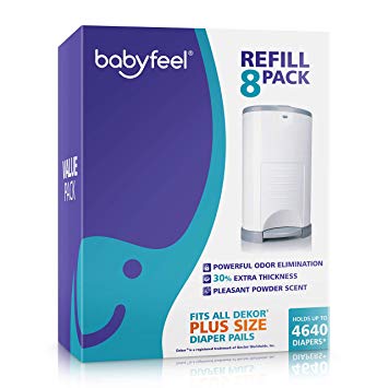 Dekor Plus Refills by Babyfeel | 8 Pack | Extra Value | Exclusive 30% Extra Thickness | Powder Scent | Fits Dekor Plus Size Diaper Pails | Powerful Odor Elimination | Holds up to 4640 Diapers