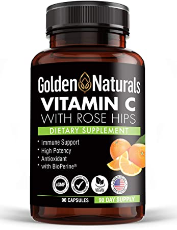 Golden Naturals Vitamin C with Rose Hips, 1000mg, Immune Support and Powerful Antioxidant, High Absorption with BioPerine, 90 Capsules