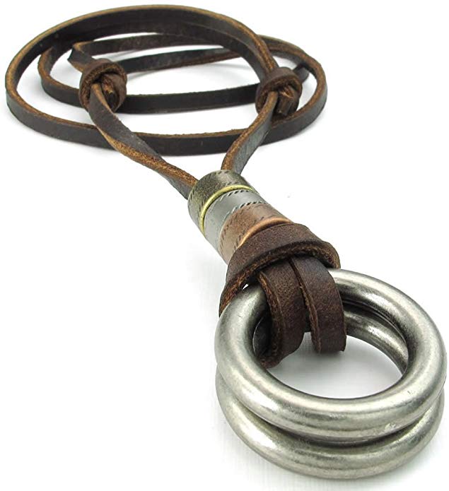 KONOV Mens Womens Double Rings Pendant Adjustable Leather Cord Necklace Chain, Silver Brown