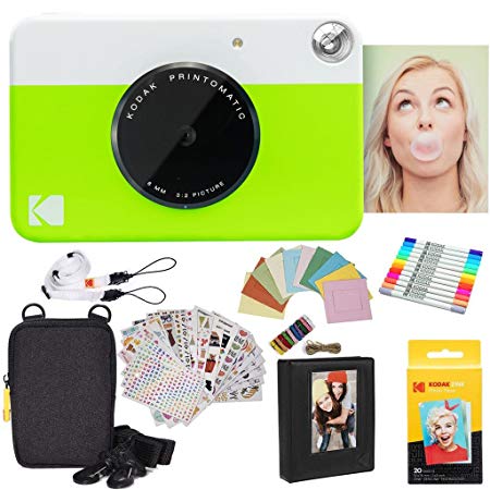 Kodak Printomatic Instant Camera (Green) Gift Bundle   Zink Paper (20 Sheets)   Deluxe Case   7 Fun Sticker Sets   Twin Tip Markers   Photo Album   Hanging Frames   Comfortable Neck Strap