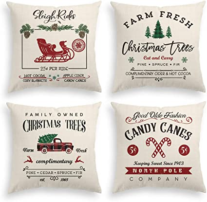 AVOIN Christmas Throw Pillow Cover, 16 x 16 Inch Winter Holiday Rustic Farmhouse Cushion Case for Sofa Couch Set of 4