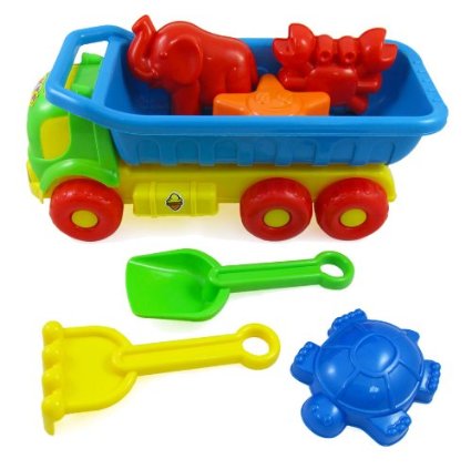Beach Toys Deluxe Playset for Kids - 7 pieces Large Dump Truck Sand Shovel Set Assorted Colors