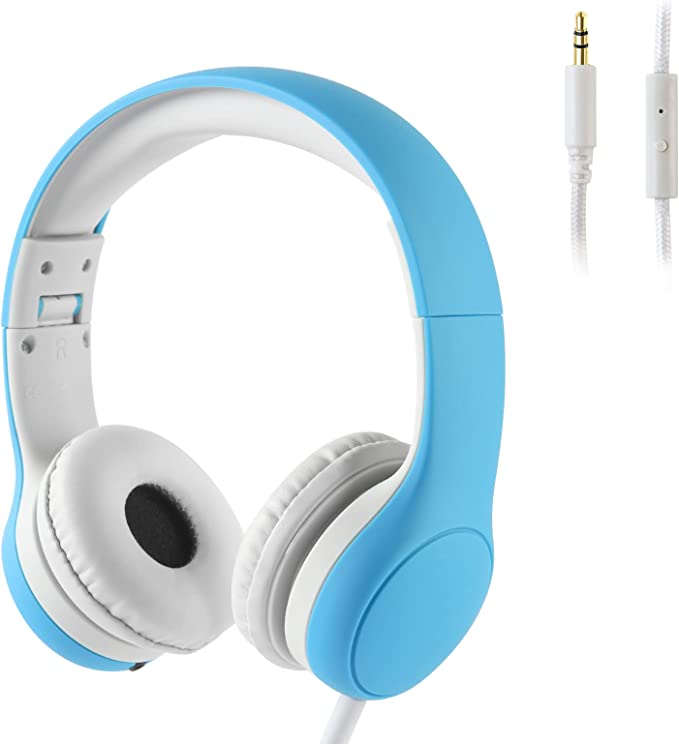 Kids Headphones, Wired Foldable Toddler Headphones with Microphone 93dB Volume Limited, Adjustable On-Ear Children Headset for School Student Boys iPad/Tablet/Phone, 3.5mm Jack, Blue