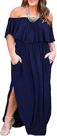 Nemidor Women's Upper Flounce Layer Off Shoulder Plus Size Slit Maxi Dress NEM200