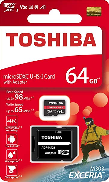 TOSHIBA Micro SD Card Memory Card 64GB 64G EXCERIA M303 with SD Adapter microSDXC UHS-I U3 Card 4K Class10 V30 A1 microSD Read 98MB/s Write 65MB/s (THN-M303R0640A2)