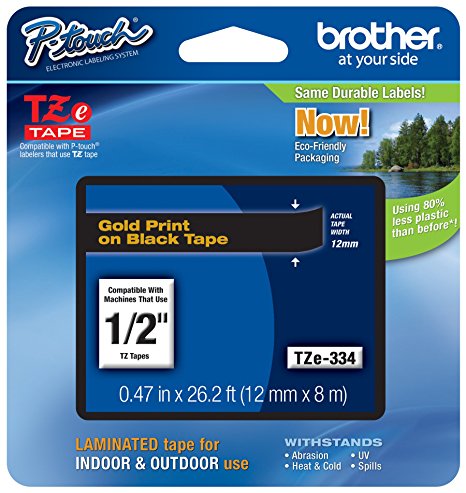 Brother P-touch ~1/2" (0.47") Gold on Black Standard Laminated Tape - 26.2 ft. (8m)