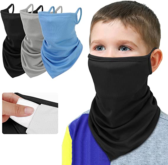 MoKo Kids Bandana Face Mask with Filter Pocket Ear Loops, 3 Pack Neck Gaiter Balaclava for Cycling Gator for Boys Girls