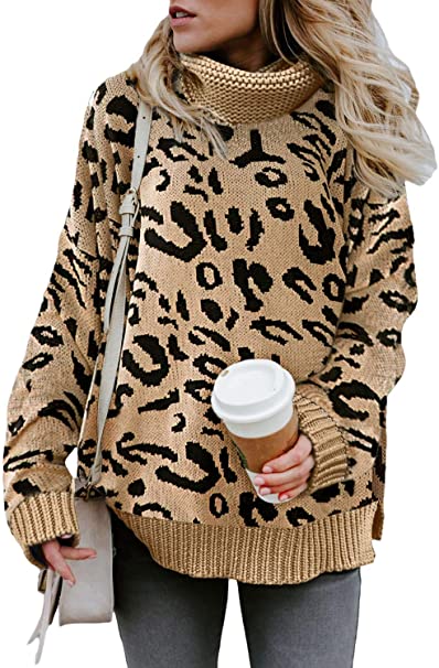 LOSRLY Womens Turtleneck Long Sleeve Leopard Printed Chunky Knit Pullover Sweater Tops