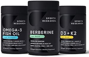 Sports Research Vegan Berberine & Vitamin D3   K2 Supplements complemented by Triple Strength Omega 3 Burpless Fish Oil with EPA & DHA Fatty Acids (One Softgel per Day Recommended)