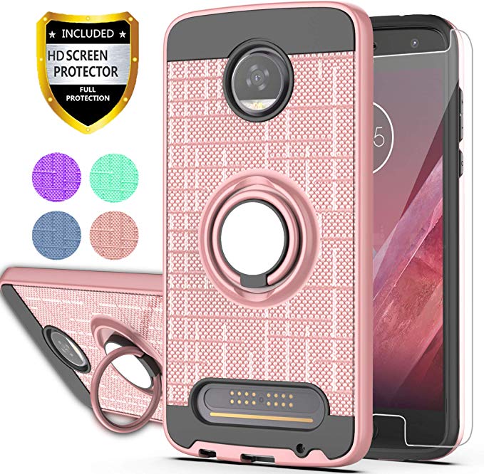 Moto Z2 Play Phone Case with HD Screen Protector,Ymhxcy 360 Degree Rotating Ring & Bracket Dual Layer Resistant Back Cover for Motorola Moto Z Play (2nd Gen.)-ZH Rose Gold