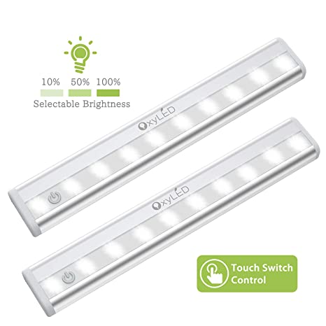 OxyLED Tape Closet Lights, Touch Light, 10 LED Dimmable Night Light, Stick-on Push Light, Cordless Touch Sensor LED Night Light, Stair Lights, Safe Light with Magnetic Strip, 2 Pack, Battery Operated