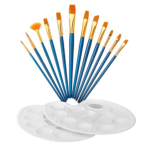 Cymas Paint Brushes(12-Piece) with Palettes (2-Pack), Handmade, Nylon Hair, Round Pointed Flat Angle Filbert Fan Tip Paint Brush set for Watercolor Oil Acrylics Craft Face Body Painting