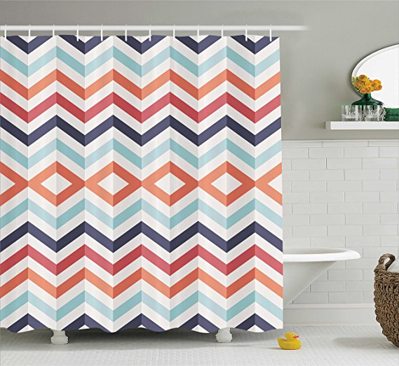 Ambesonne Geometric Textiles Print Shower Curtain Set, Zig Zag Lines Chevron Stripes, Bathroom Accessories, 75 Inches Long