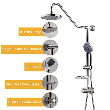 KES Showerspas Retro-Fit Rain Shower System with Handshower and Adjustable Slide Bar Brushed Nickel, X6400-2