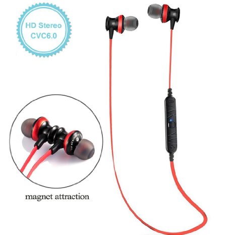Magneto Wearable Bluetooth HeadphonesWireless Sweatproof Sports Stereo Headsets In-ear Noise-isolating HeadphonesEarbudsEarphones with Microphone Red