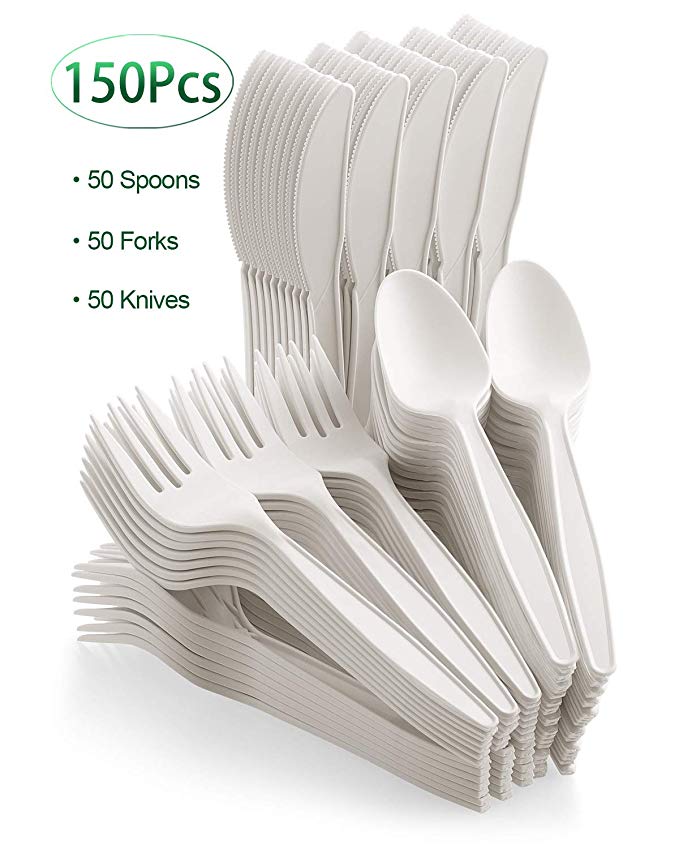 Fuyit 150 Count Compostable Cutlery Set, Disposable Biodegradable Utensils Eco-friendly Durable Cornstarch Flatware Includes 50 Forks, Knives & Spoons for Party, BBQ, Picnic & Potlucks (White)