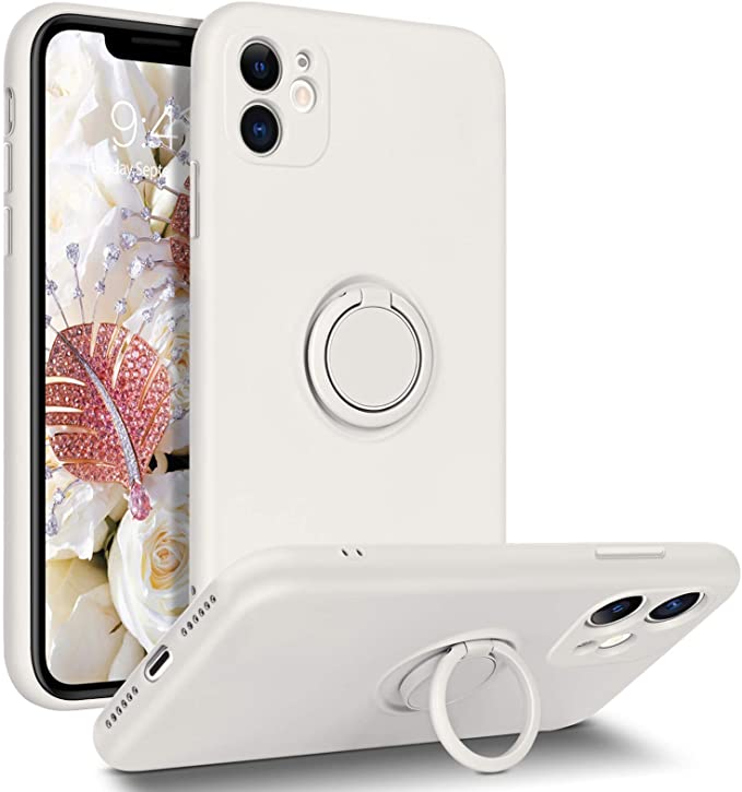 iPhone 11 Case, DUEDUE Liquid Silicone Soft Gel Rubber Slim Cover with Ring Holder Kickstand|Car Mount Function Shock Absorption Full Body Protective Case for iPhone 11, White