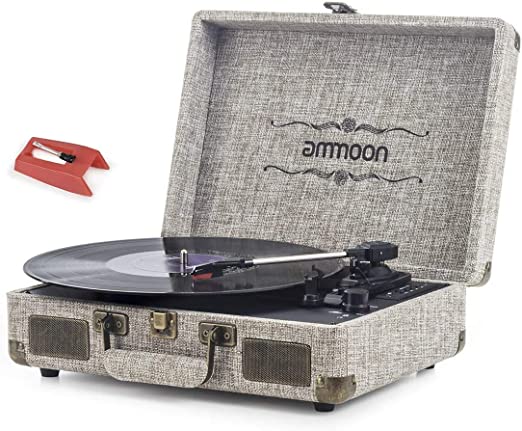 Vinyl Record Player, ammoon 3 Speed Turntable Blue Tooth Record Player with 2 Built in Stereo Speakers, Replacement Needle, Supports RCA Line Out, AUX in, Headphone Jack, Vintage Suitcase (Brown)