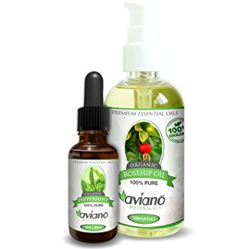Organic Peppermint & Rosehip Oil Combo - 100% Pure Organic Undiluted Oils Combo for Hair & Skin Rejuvenation - Ultra Premium Organic Peppermint Essential Oil (10ml) with Organic Rosehip Oil (4oz) As Carrier Oil for Lotion, Moisturizing for Skin, Body & Hair Care By Avíanō Botanicals