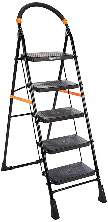 AmazonBasics Clamber - Foldable Step Ladder, Safety-Clutch Lock, Ribbed Steps, Knee Guard, Non-Marring PVC Shoes, 5 Steps (Steel, Black & Orange)