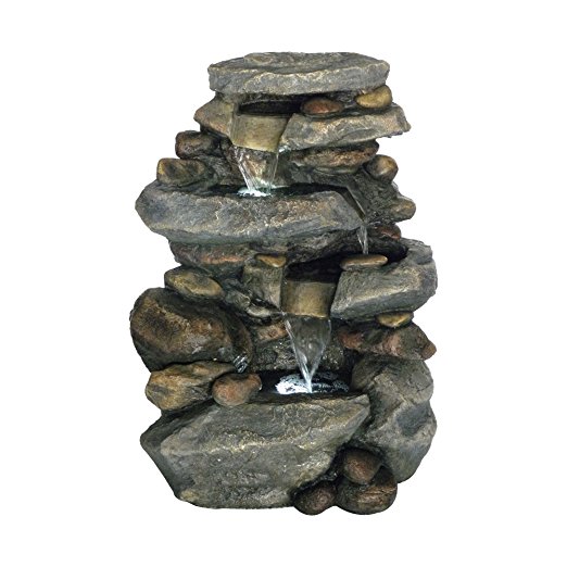 Outdoor Water Fountain With LED Lights, Lighted Cascade Waterfall, Natural Looking Stone and Soothing Sound for Patio and Garden Décor By Pure Garden