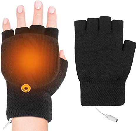 iFCOW USB Heated Gloves for Women and Men, Winter Warm Knitted Heating Gloves Mitten with Finger Cover
