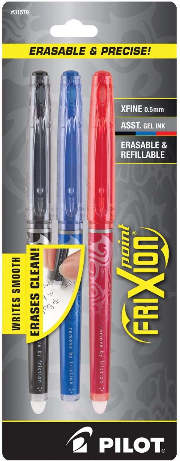 FriXion Point Erasable and Refillable Gel Ink Pens, Extra Fine Point, Black/Blue/Red Inks