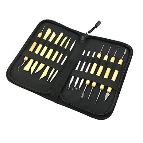 Ceramic Pottery & Clay Sculpting Carving Tool Set, GoFriend 14 Pieces All-in-one Wood Clay Modeling Tools Boxwood Sculpture Ceramic Tools Kit with Canvas Zippered Case