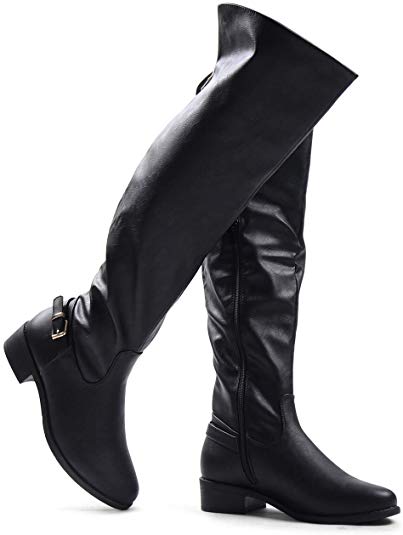 LUSTHAVE Women's Over The Knee High Flat Riding Boots - Low Stacked Heel - Buckle Decor Side Zipper