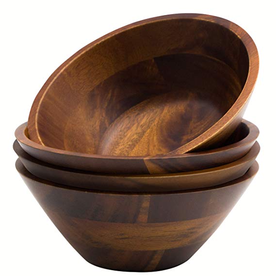 AIDEA 7-Inch Acacia Wooden Salad Bowls - Set of 4 Bowls for Cereal Fruit Pasta Acacia Wood Bowl Set