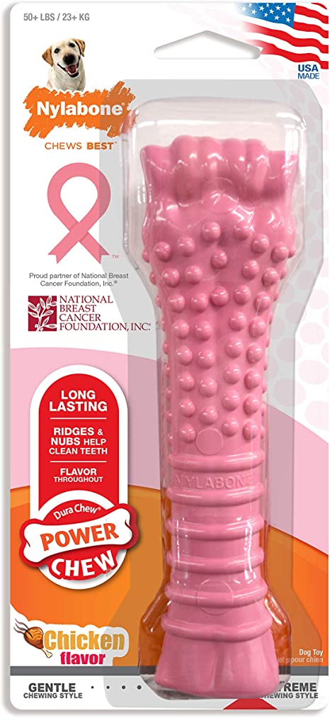 Nylabone Power Chew Extreme Chewing Breast Cancer Awareness Pink Power Chew Textured Dog Toy Chicken Souper