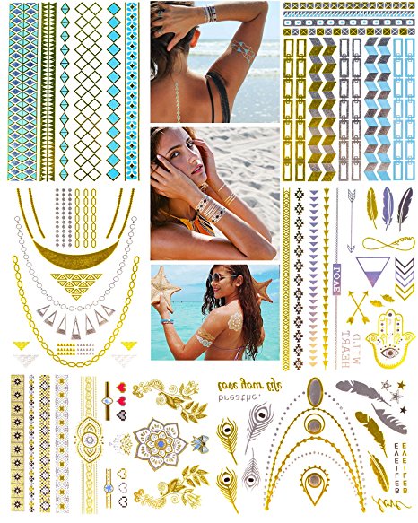 Metallic Temporary Henna Tattoo, 100  Waterproof Fake Shimmer Tattoos Stylish Designs Stickers for Body Art Gold and Silver for Parties, Festivals, Beaches and Weddings,Over 100 Number of Stickers