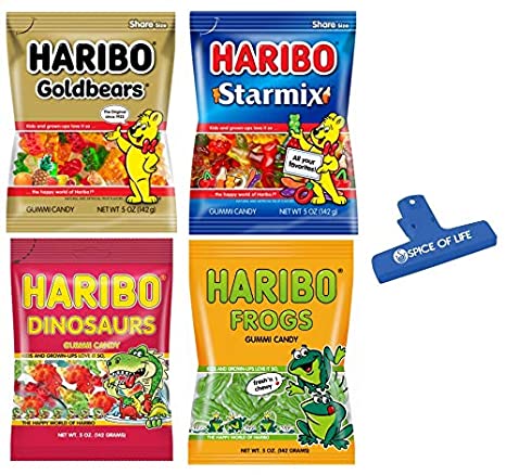 Haribo Gummy, Favorite Flavors Variety Pack, Gold Bears, Star Mix, Dinosaurs, and Frogs. 1 Bag of Each (4 Pack) - with Spice of Life Bag Clip