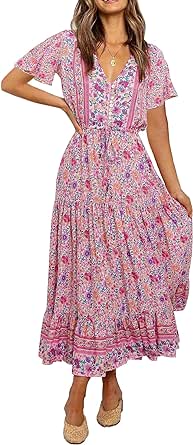 R.Vivimos Womens Summer Floral Print Cotton Short Sleeve Flowy Dress