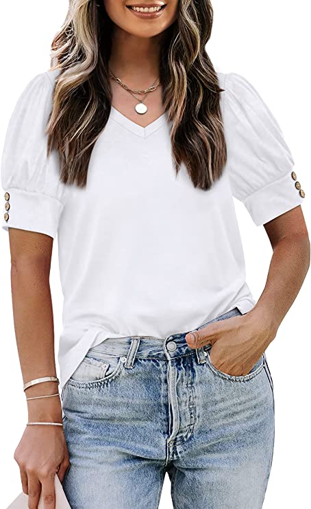 Aokosor Tops for Women V Neck Ladies Button Puff Sleeve T Shirts Summer Casual Tee